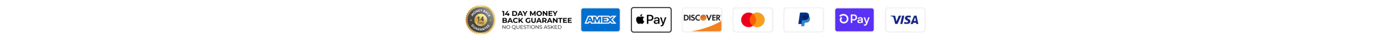 14 day money back guarantee. We accept Amex, Apple Pay, Discover, Mastercard, PayPal, Google Pay and Visa.